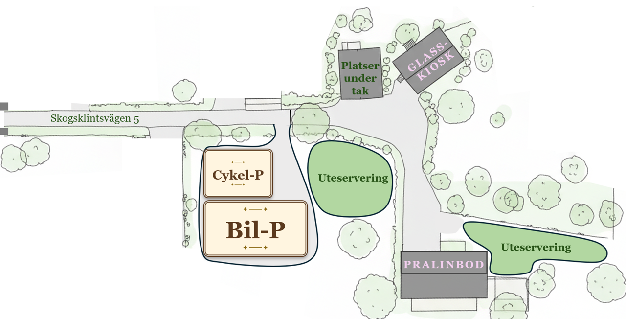 Översiktskarta över Skärets Pralinbod med parkering, uteservering och glasskiosk
